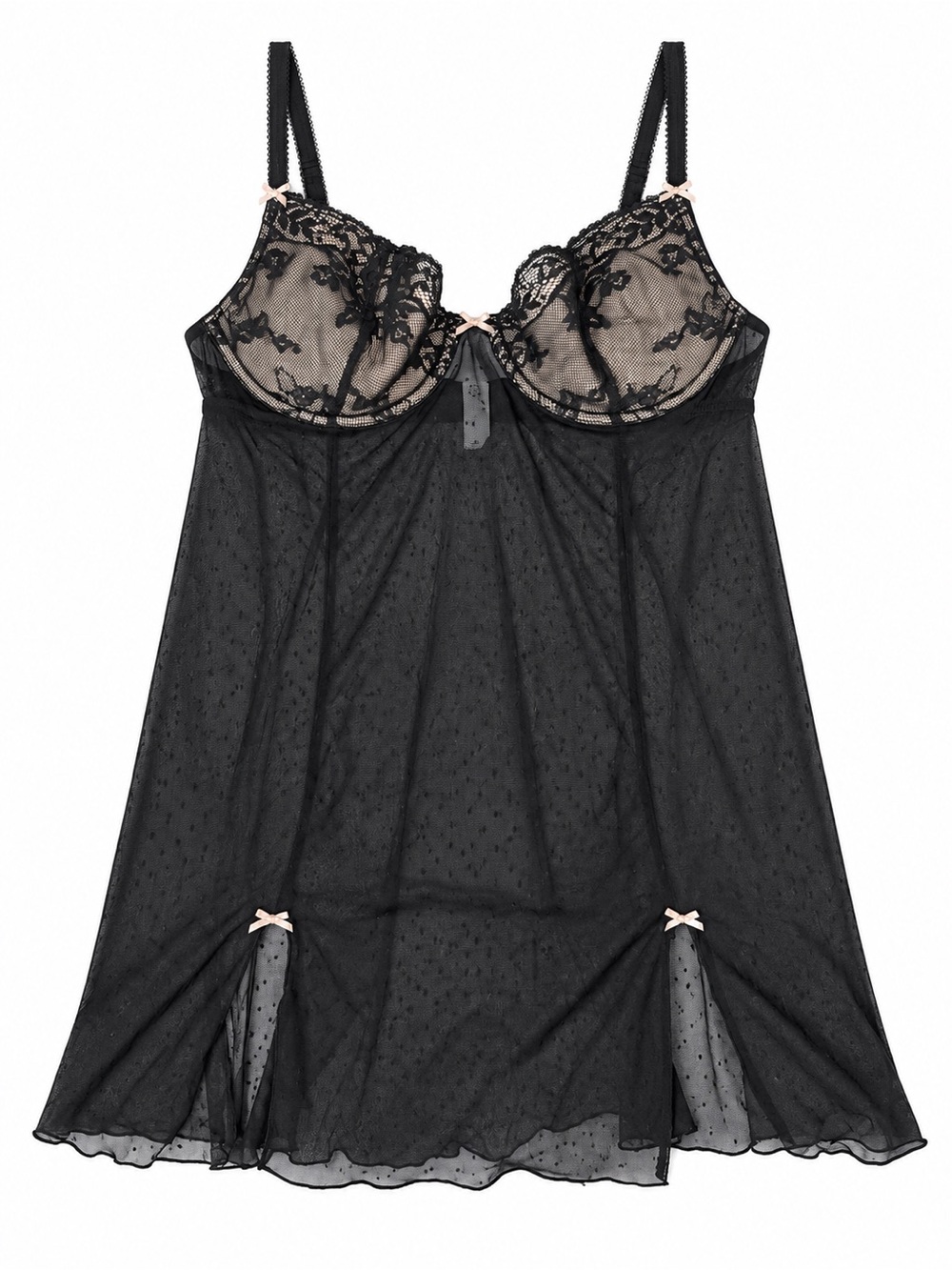 Silvia Tcherassi Black Lace & Sheer Mesh Babydoll Chemise with Pink Bows